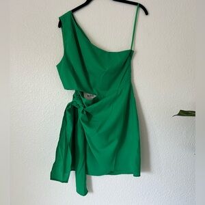 Emerald Green Mini Dress One Shoulder with cutout and tie waist runaway brand